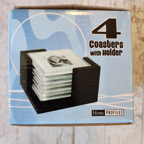 4 glass photo coasters with holder NWT - Picture 1 of 7